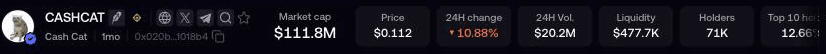 A token page header showing market cap, price, 24 hour change, 24 hour volume, liquidity, holders and top ten holder concentration